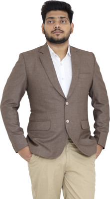 ALJAAMI Solid Single Breasted Festive & Wedding Men Blazer(Brown)
