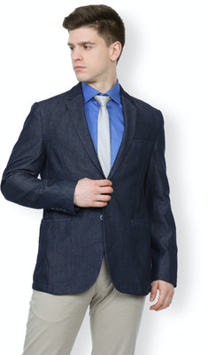 VAN HEUSEN Solid Single Breasted Formal Men Blazer(Blue)
