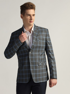 TAHVO Checkered Single Breasted Formal Men Blazer(Blue)