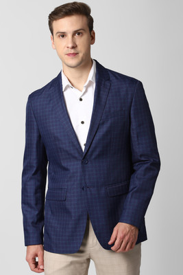 PETER ENGLAND Checkered Single Breasted Formal Men Blazer(Dark Blue)