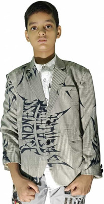 TTRFashion Printed Single Breasted Festive & Wedding Boys Blazer(Grey, Black)