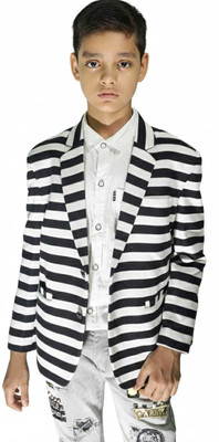 TTRFashion Striped Single Breasted Festive & Wedding Boys Blazer(Black, White)