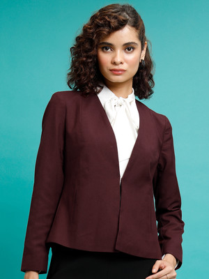 Tokyo Talkies Solid Mandarin Casual Women Blazer(Maroon)