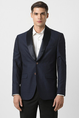 VAN HEUSEN Solid Single Breasted Wedding Men Blazer(Dark Blue)