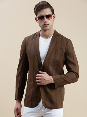 SHOWOFFFF Striped Single Breasted Casual Men Blazer(Brown)