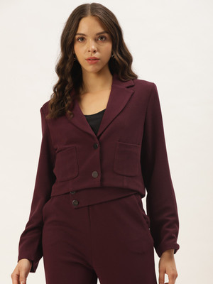 Zastraa Solid Single Breasted Casual Women Blazer(Maroon)