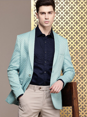 House of Pataudi Self Design Double Breasted Festive Men Blazer(Blue)