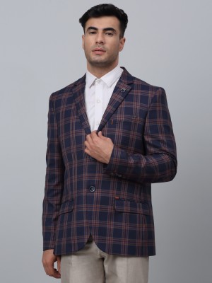 CANTABIL Checkered Single Breasted Formal Men Blazer(Dark Blue)