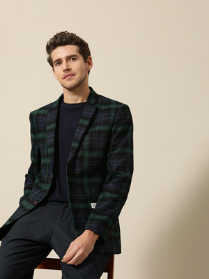 Mr Bowerbird Checkered Single Breasted Casual Men Blazer(Green)