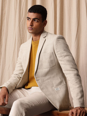 Mr Bowerbird Checkered Single Breasted Formal Men Blazer(White)