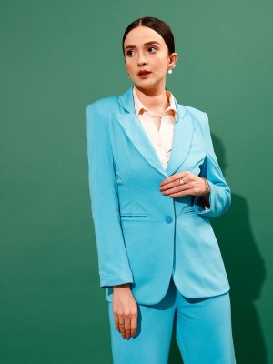 STREET9 Solid Single Breasted Formal Women Blazer(Blue)