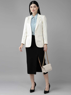 SANJITGARMENTS Solid Single Breasted Casual Women Blazer(White)