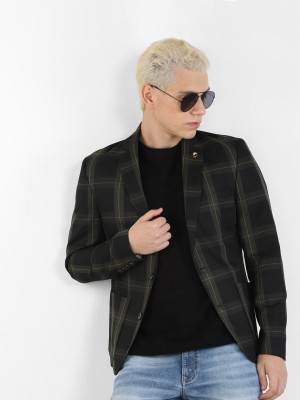 JACK & JONES Checkered Single Breasted Casual Men Blazer(Black)