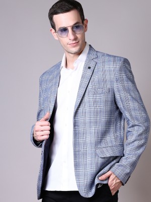 V-MART Checkered Single Breasted Casual Men Blazer(Blue)