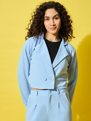 BuyNewTrend Solid Double Breasted Formal Women Blazer(Light Blue)