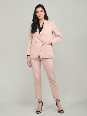 CHKOKKO Solid Double Breasted Casual Women Blazer(Pink)