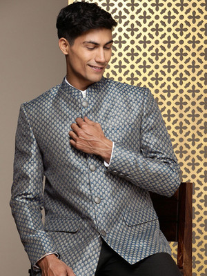House of Pataudi Self Design Bandhgala Festive Men Blazer(Blue)
