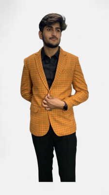 gargian master cut Checkered Single Breasted Formal, Party Men Blazer(Yellow)