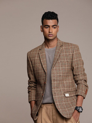 Mr Bowerbird Checkered Single Breasted Casual Men Blazer(Brown)