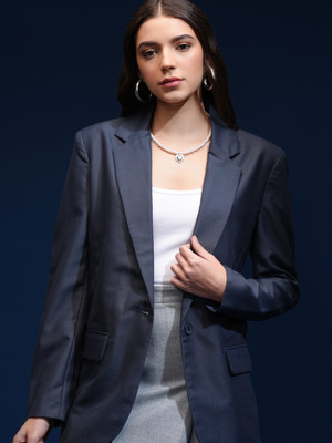 Tokyo Talkies Solid Double Breasted Casual Women Blazer(Blue)