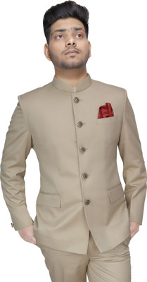 ALJAAMI Self Design Bandhgala Wedding Men Blazer(Beige)