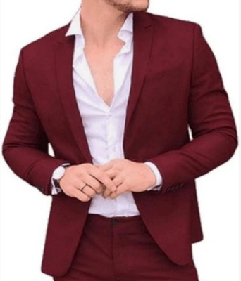 Men bazar Solid Single Breasted Festive & Wedding Men Blazer(Maroon)