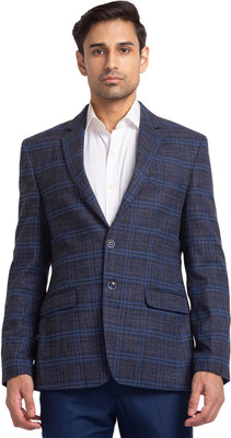 PARK AVENUE Checkered Single Breasted Formal Men Blazer(Dark Blue)