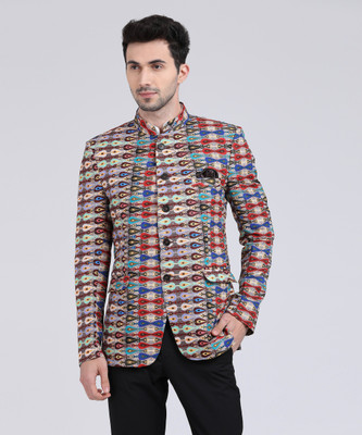 Hangup Printed Bandhgala Party Men Blazer(Multicolor)