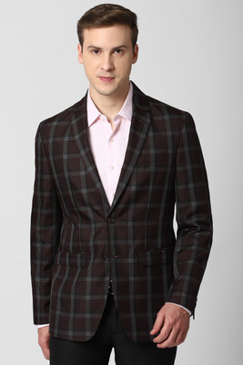 PETER ENGLAND Checkered Single Breasted Formal Men Blazer(Maroon)