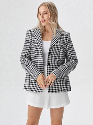 Lyketrends Checkered Tuxedo Style Formal Women Blazer(Black, White)