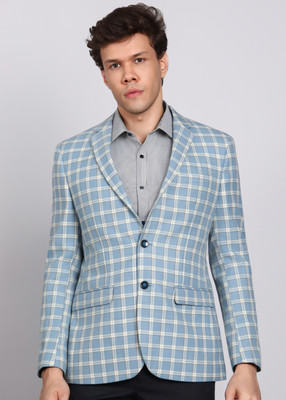 PARK AVENUE Checkered Single Breasted Formal Men Blazer(Blue)