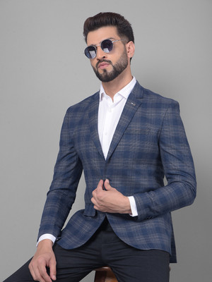 CRIMSOUNE CLUB Checkered Single Breasted Casual Men Blazer(Light Blue)