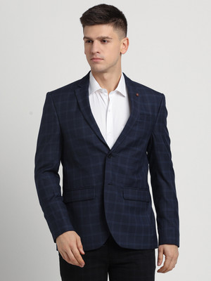 TURTLE Checkered Single Breasted Casual Men Blazer(Dark Blue)