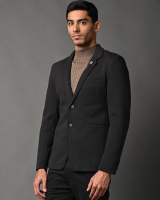 Fort Collins Solid Single Breasted Casual Men Blazer(Black)