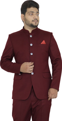 ALJAAMI Solid Bandhgala Wedding Men Blazer(Maroon)