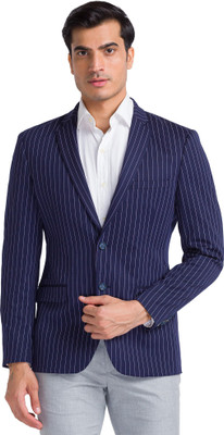 PARK AVENUE Striped Single Breasted Formal Men Blazer(Dark Blue)