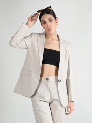 DLANXA Solid Single Breasted Formal Women Blazer(Beige)