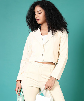 V-MART Solid Single Breasted Casual Women Blazer(Beige)