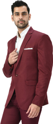 FIVEFEB Solid Single Breasted Formal Men Blazer(Maroon)