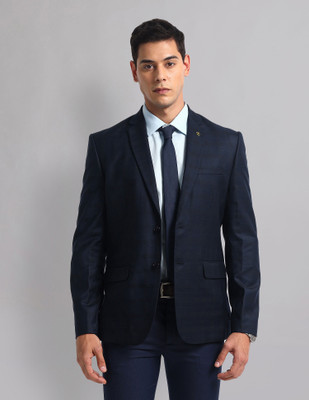 AD by Arvind Self Design Single Breasted Formal Men Blazer(Blue)