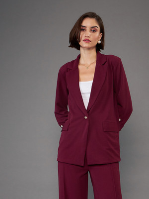 SASSAFRAS Solid Single Breasted Casual Women Blazer(Maroon)
