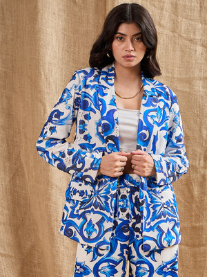 SASSAFRAS Printed Tuxedo Style Casual Women Blazer(Blue)