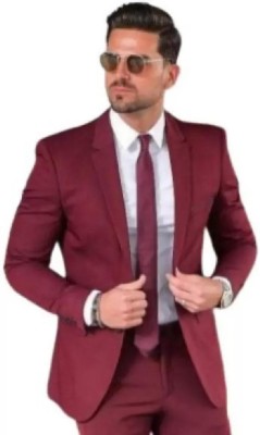 HUMJOLI MENS WEAR Solid Single Breasted Formal, Festive & Wedding Men Blazer(Maroon)