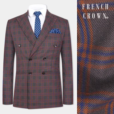 french crown Checkered Double Breasted Festive & Wedding, Party Men Blazer(Grey)