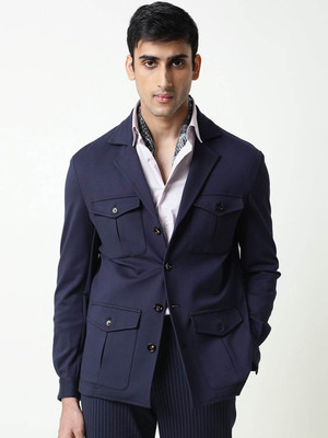 Rare Rabbit Solid Single Breasted Formal Men Blazer(Blue)
