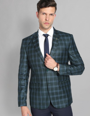 AD by Arvind Checkered Single Breasted Formal Men Blazer(Green)