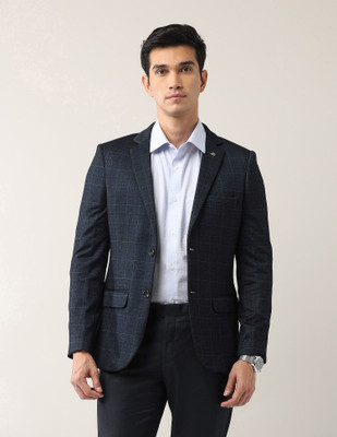 AD by Arvind Checkered Single Breasted Formal Men Blazer(Blue)