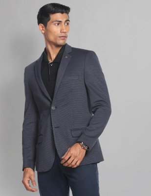 AD by Arvind Self Design Single Breasted Formal Men Blazer(Dark Blue)