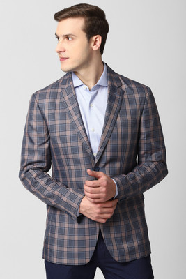 PETER ENGLAND Checkered Single Breasted Formal Men Blazer(Light Blue)