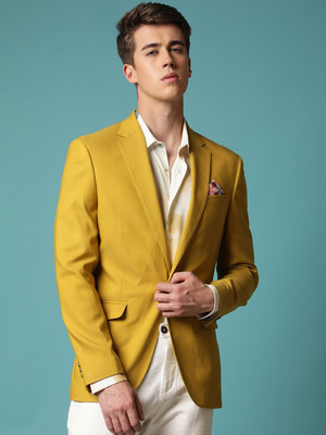 Rare Rabbit Solid Single Breasted Formal Men Blazer(Yellow)